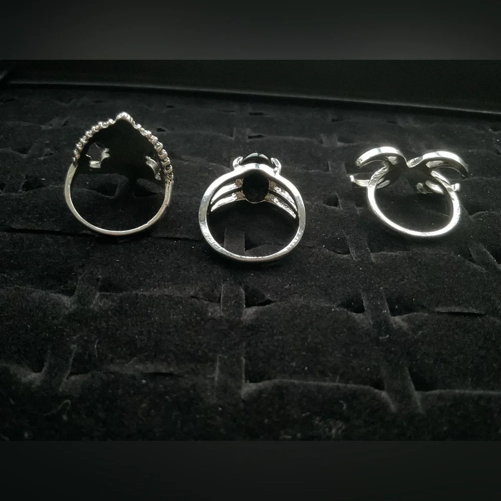 New x3 Silver Tone Rings Crystal Black Stone Trendy Fashion Ring Set  Size 7 / 8